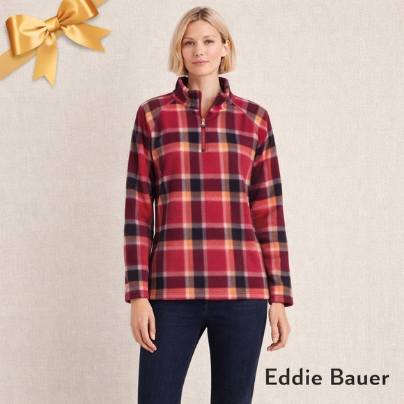 Eddie Bauer Tops - Eddie Bauer Dark Berry Red Plaid Lightweight Fleece 1/4 Zip Size M NEW